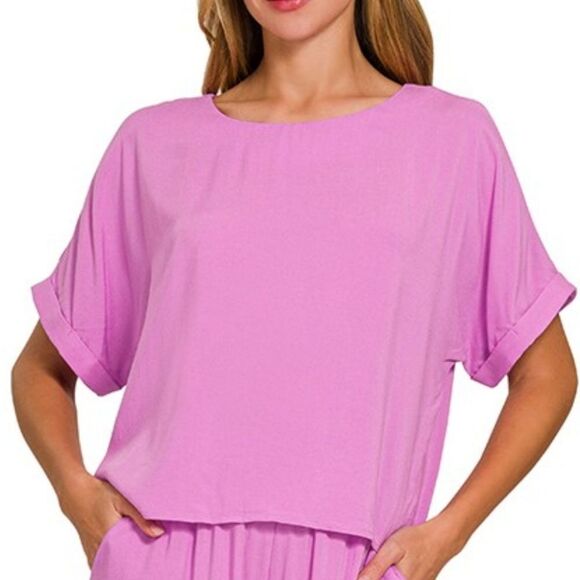 ***Zenana Round Neck T-Shirt and Wide Leg Pants Set Women's Pink Wide-Leg Pants - Picture 3 of 4